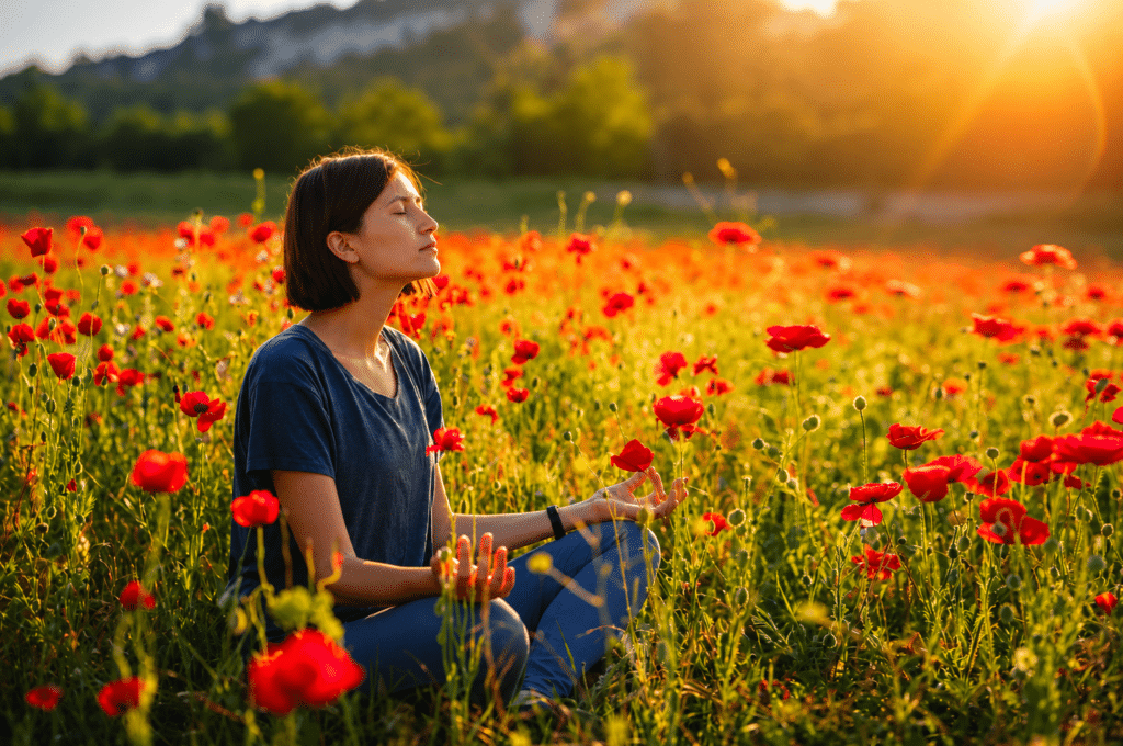 a woman meditates in a poppy field at sunset