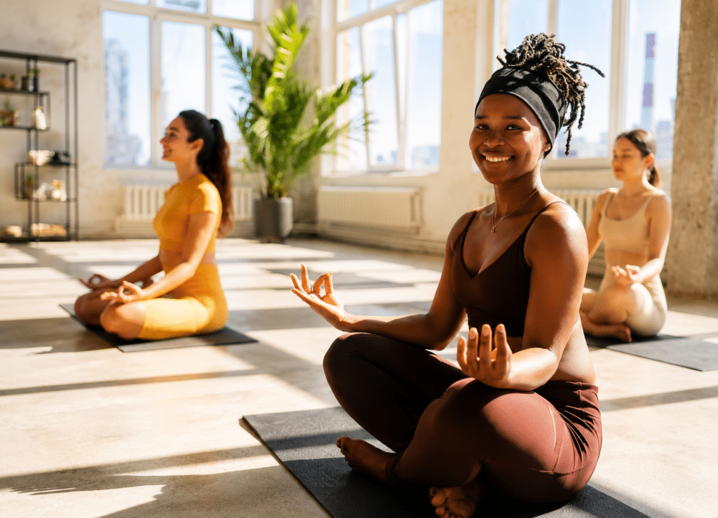 women practicing yoga in studio
