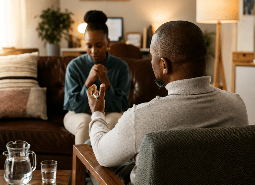 blurred image of a woman talking to a therapist, concept of mental health, therapy, counseling