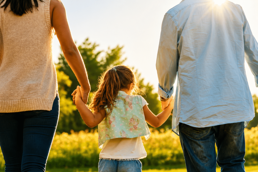 child is holding hands with two adults as they walk through a field