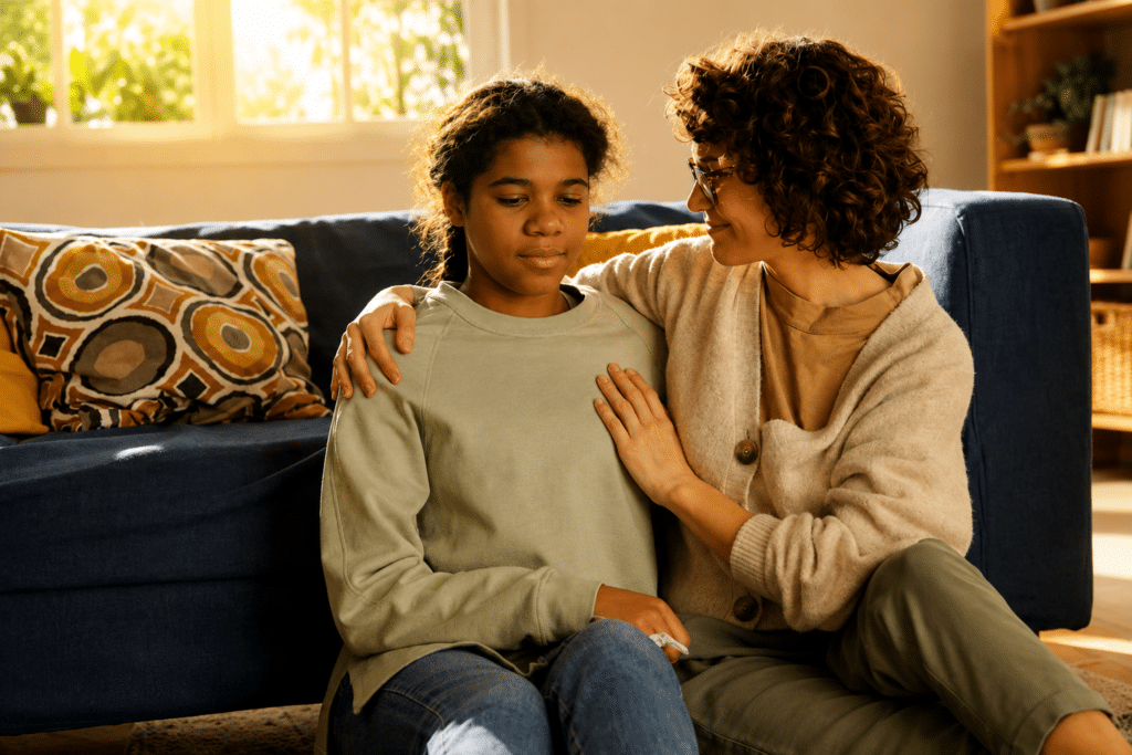 mother wearing glasses gently comforts a teen seated next to her in a domestic setting