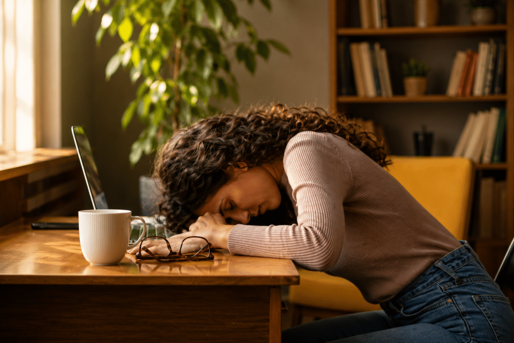 tired woman with curly brown hair rests her head on a wood desk, concept of burnout and stress