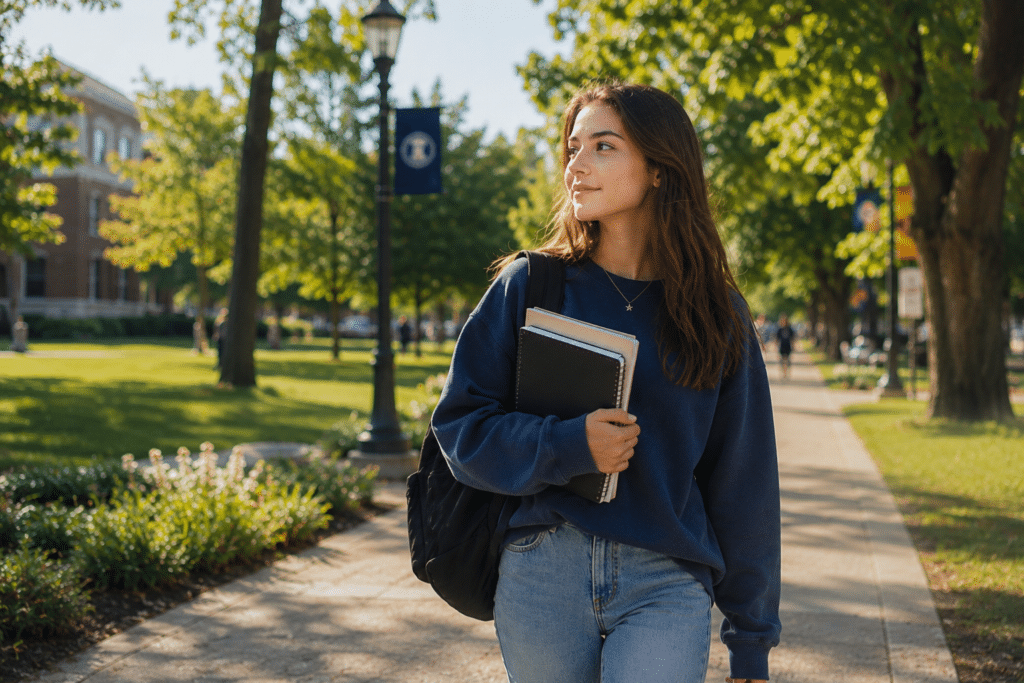 A young woman walking alone along a sunlit pathwith purposeful, with a soft, introspective expression. Concept of growth, transition, becoming oneself