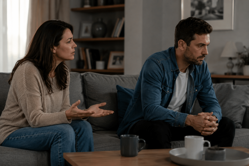 adult woman and man in a home setting, engaged in a serious, emotionally heavy conversation, concept of emotional avoidance