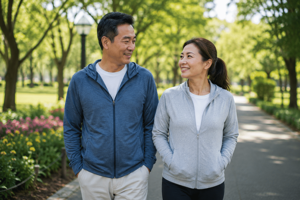 couple in their 40s to 50s walking together in a park