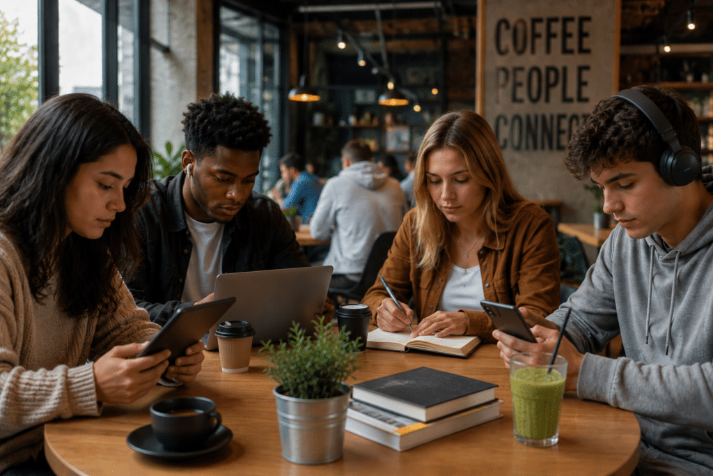 image of young adults using mobile phones, representing a social media and digital connectivity concept