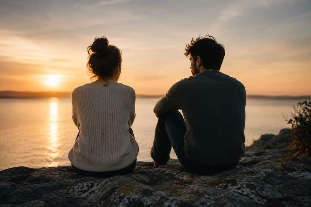 man and woman sitting beside each other while watching sunset, concept of relationships
