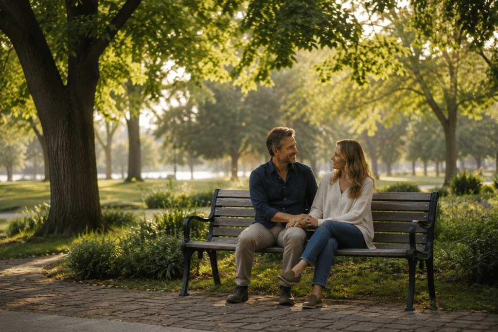 Couple sitting on a park bench in a wide shot, holding hands and smiling softly, surrounded by a calm outdoor setting that conveys quiet support and connection