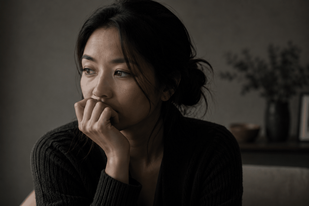 Person with part of their face partially covered by their hand, pausing as if to speak, with a restrained expression and soft shadows suggesting hesitation and difficulty asserting boundaries