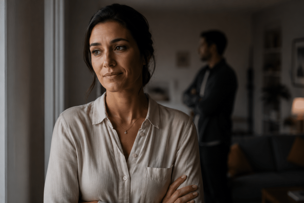 standing in a home setting with a forced smile and tense posture, partially shadowed by directional light, while a blurred figure in the background suggests underlying emotional distress