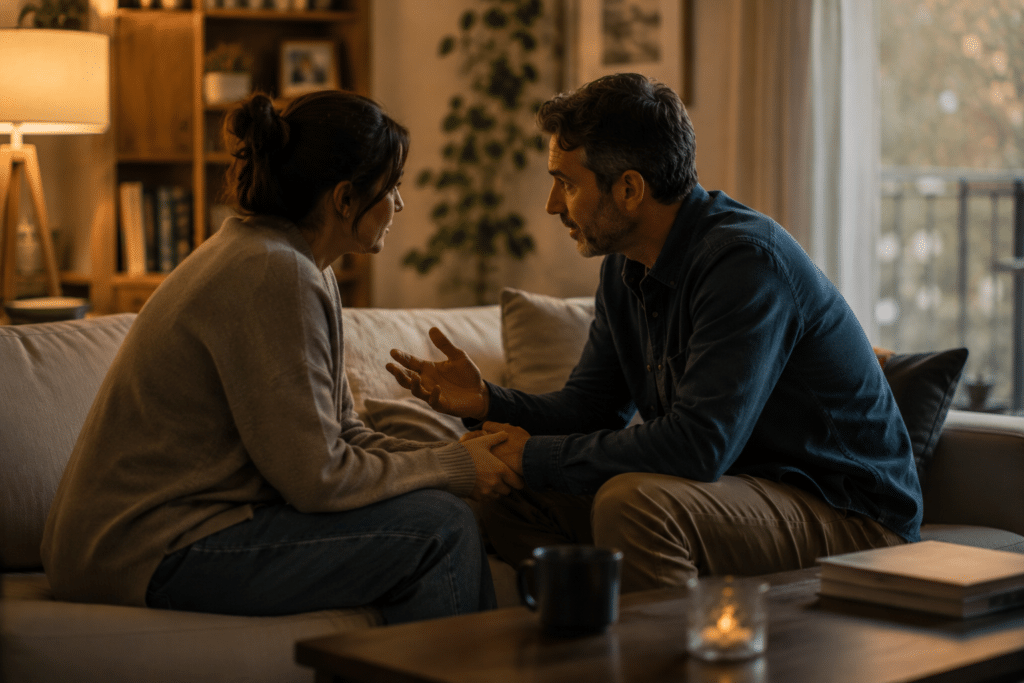 a couple engaged in a serious yet thoughtful conversation at home