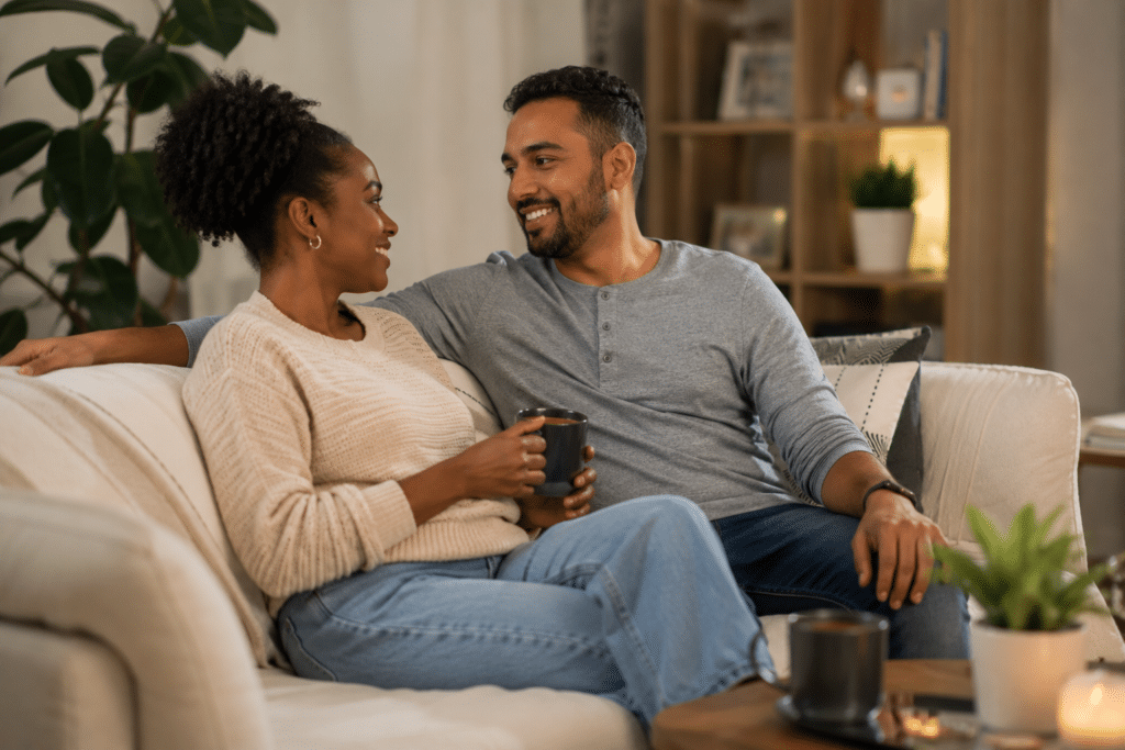 a couple talking to each other lovingly at home