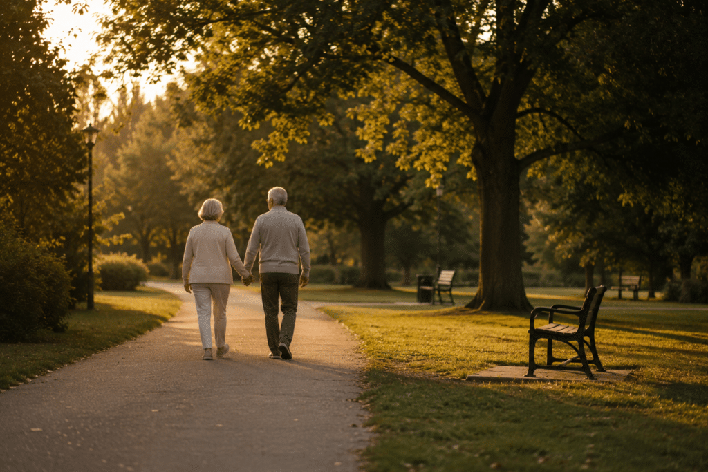 an elderly couple walking hand in hand in a park, captured from a distance