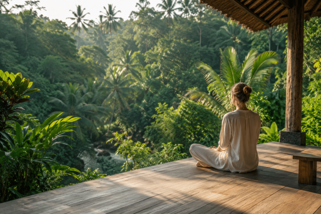 photograph of an adult person sitting quietly on a wooden terrace surrounded by lush tropical greenery, suggesting calm self-reflection and emotional awareness