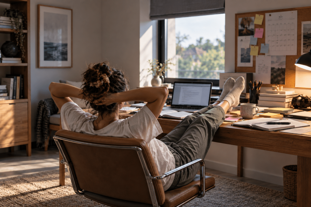 A woman reclines in her home office chair with her feet on a cluttered desk, surrounded by unfinished paperwork, notebooks, and a laptop, illustrating ADHD procrastination and difficulty starting tasks.