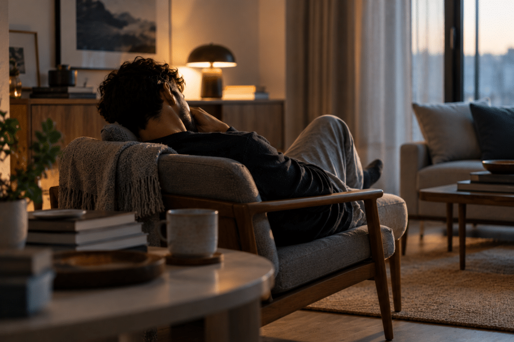 Back view of a tired man dozing in a lounge chair with his head resting on his hand in a softly lit modern living room, reflecting mental fatigue and exhaustion