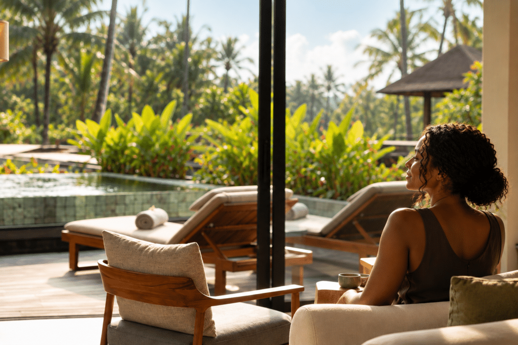 woman relaxes by a window overlooking a lush tropical garden and pool at a luxury Bali wellness retreat, reflecting the importance of everyday mental health and self-care.