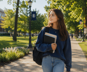 A young woman walking alone along a sunlit pathwith purposeful, with a soft, introspective expression. Concept of growth, transition, becoming oneself