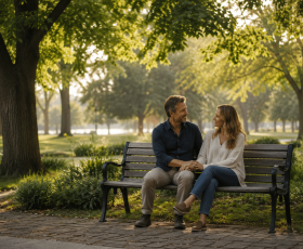 Couple sitting on a park bench in a wide shot, holding hands and smiling softly, surrounded by a calm outdoor setting that conveys quiet support and connection