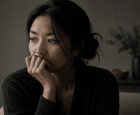 Person with part of their face partially covered by their hand, pausing as if to speak, with a restrained expression and soft shadows suggesting hesitation and difficulty asserting boundaries