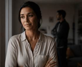 standing in a home setting with a forced smile and tense posture, partially shadowed by directional light, while a blurred figure in the background suggests underlying emotional distress