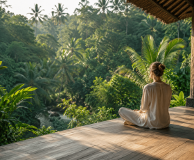 photograph of an adult person sitting quietly on a wooden terrace surrounded by lush tropical greenery, suggesting calm self-reflection and emotional awareness