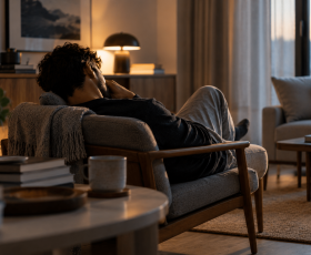 Back view of a tired man dozing in a lounge chair with his head resting on his hand in a softly lit modern living room, reflecting mental fatigue and exhaustion