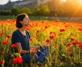 a woman meditates in a poppy field at sunset
