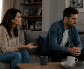 adult woman and man in a home setting, engaged in a serious, emotionally heavy conversation, concept of emotional avoidance