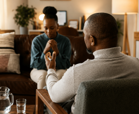 blurred image of a woman talking to a therapist, concept of mental health, therapy, counseling