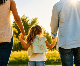 child is holding hands with two adults as they walk through a field