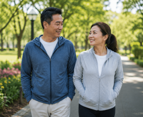 couple in their 40s to 50s walking together in a park