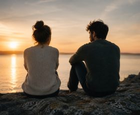 man and woman sitting beside each other while watching sunset, concept of relationships