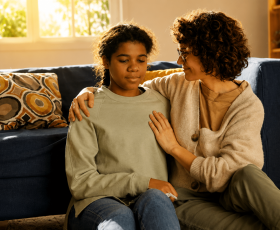 mother wearing glasses gently comforts a teen seated next to her in a domestic setting