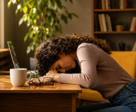 tired woman with curly brown hair rests her head on a wood desk, concept of burnout and stress