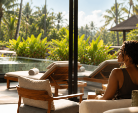 woman relaxes by a window overlooking a lush tropical garden and pool at a luxury Bali wellness retreat, reflecting the importance of everyday mental health and self-care.