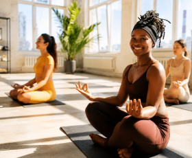 women practicing yoga in studio